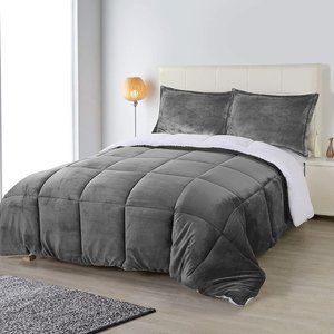 New Grey 3 Piece King Reversible Super Soft Heavy Sherpa-Flannel Comforter Set